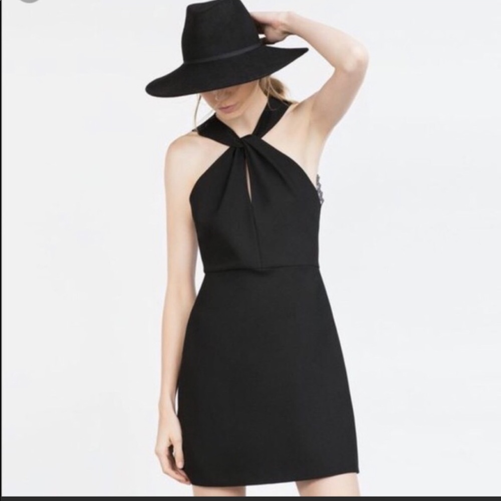 ZARA: black lace knotted halter dress